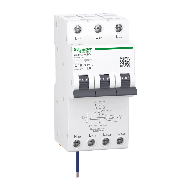 Schneider Electric Acti9 iC60H3 RCBO (earth leakage plus overcurrent), 3P+N, 10 to 50 A