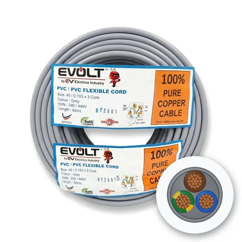 Evolt PVC Flexible Cord, 40/0.193 x 3 Core, 240/440 V