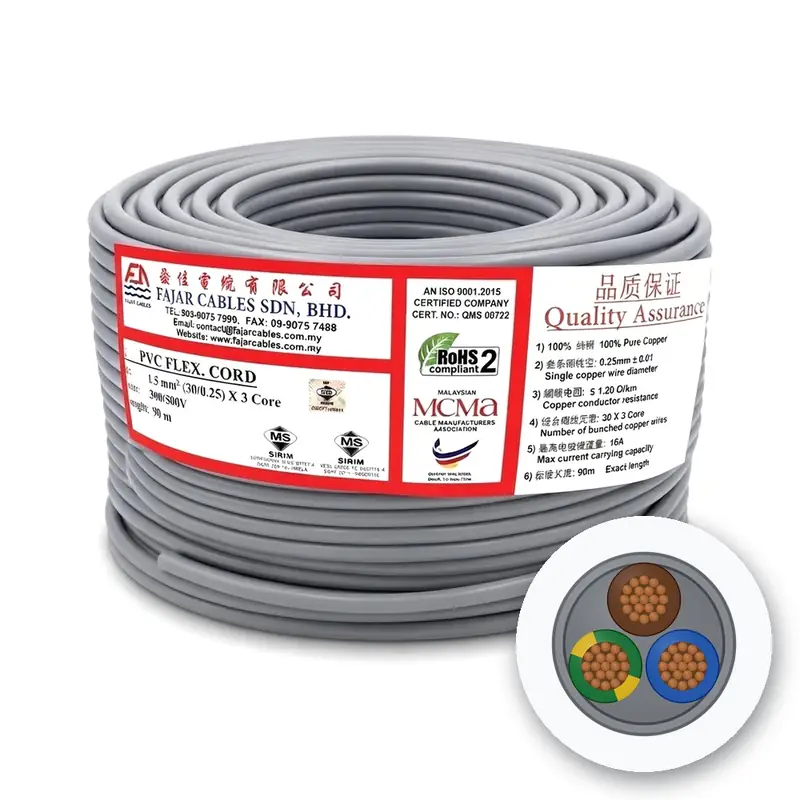Fajar PVC/PVC Flexible Cord, 30/0.25 x 3 Core