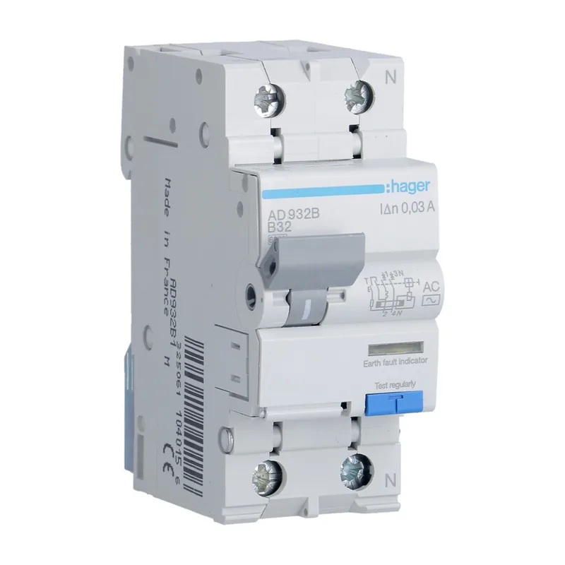 Hager RCBO (earth leakage plus overcurrent), 6 to 40 A