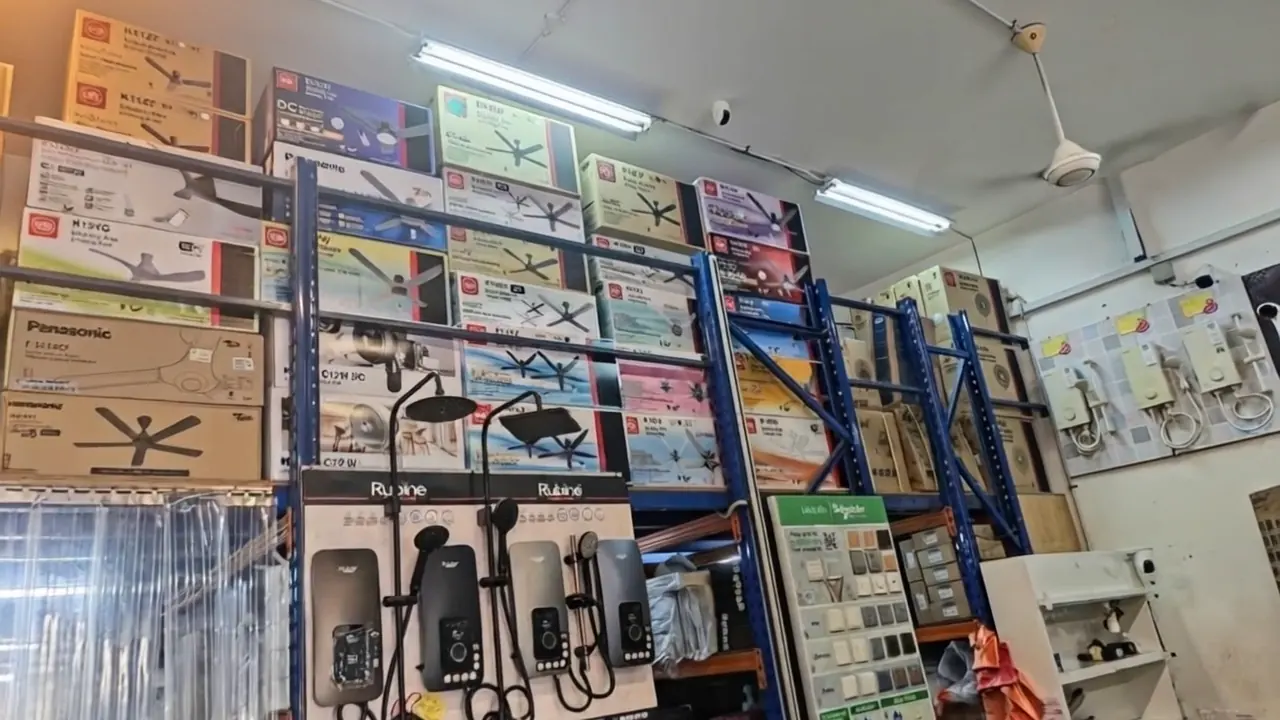 Ceiling fan boxes and Rubine water heaters on the back wall